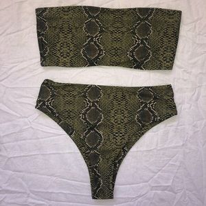 Olive green snakeskin high waited bandeau bikini